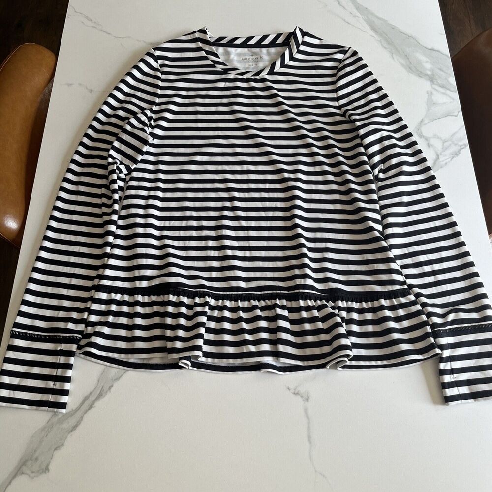 Kate Spade Stripe Long Sleeve Ruffle Top Black/White Tunic Blouse Sz XL Stretch